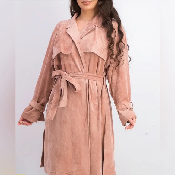 OAT New York Faux Suede Trench Coat in Color Blush - Picture 2 of 4